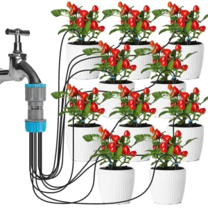 Multi-head drip irrigation kit connected to a faucet watering multiple potted plants